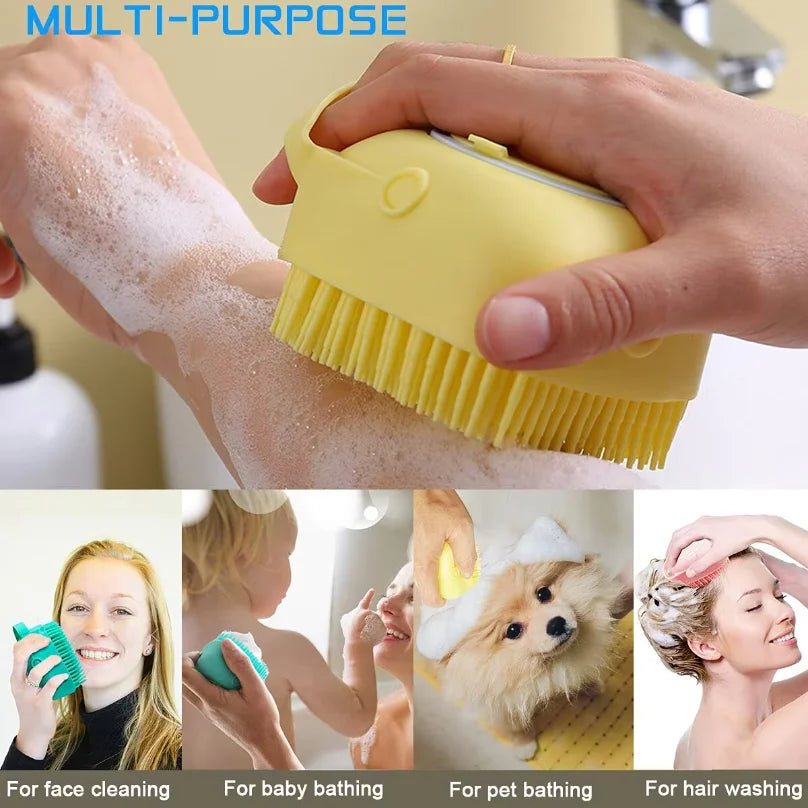 Dog Bathing Brush Pet Massage Brush Shampoo Dispenser Soft Silicone Brush Rubber Bristle for Dogs and Cats Shower Grooming Tool